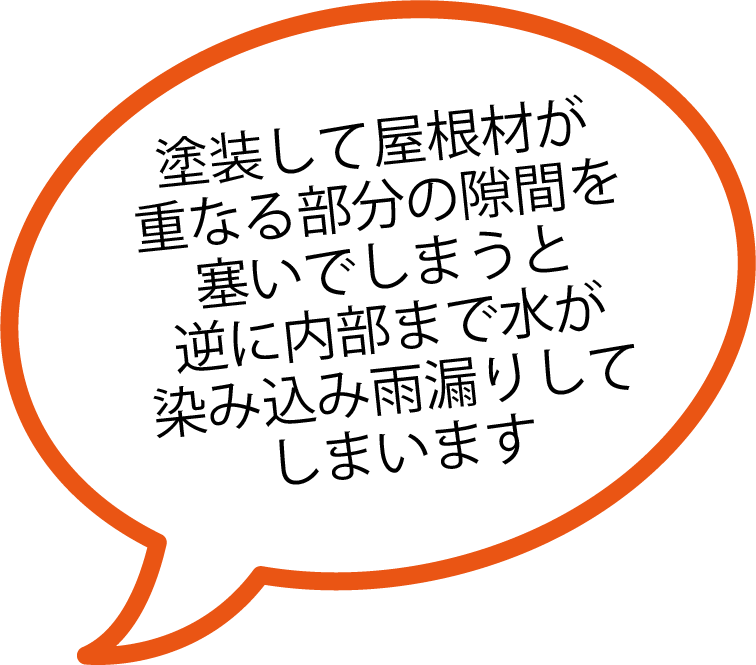 塗装して屋根材が重なる部分の隙間を塞いでしまうと逆に内部まで水が染み込み雨漏りしてしまいます